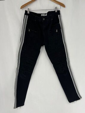 PREME Black Distressed Moto Jeans with White Side Stripes 34x33